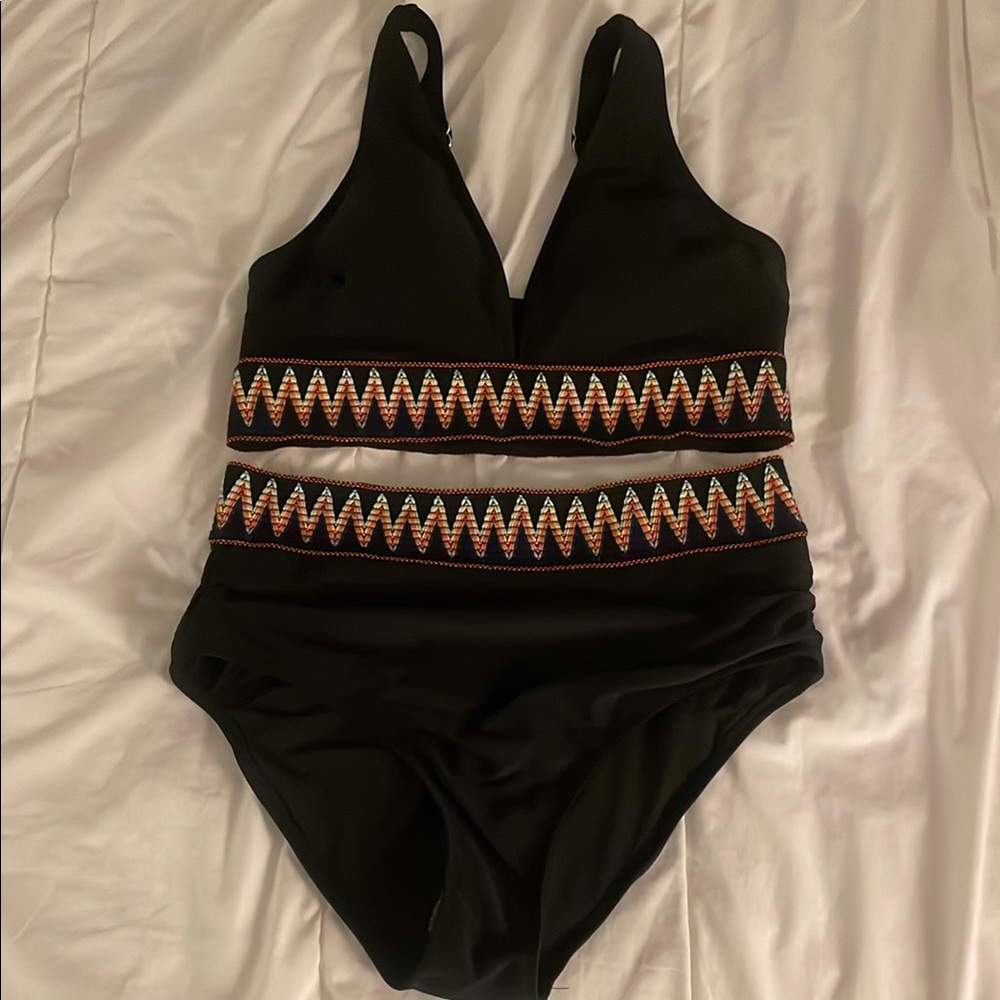 Black 2 Piece Swimsuit with Colorful Zigzag Design